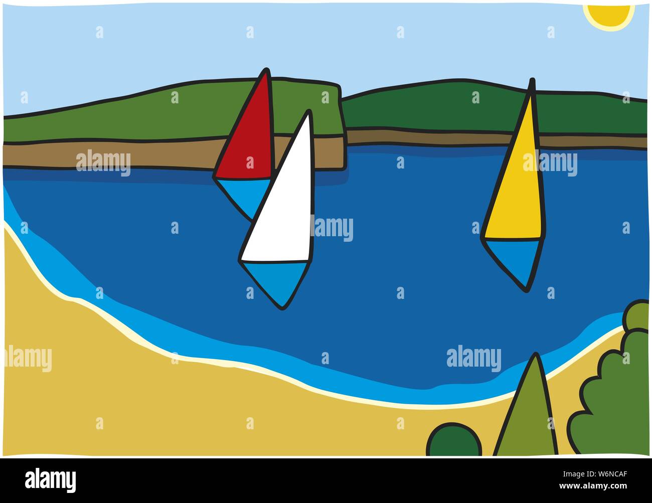 Vector Illustration. Strand mit Booten und Wasser im Sommer. Stock Vektor