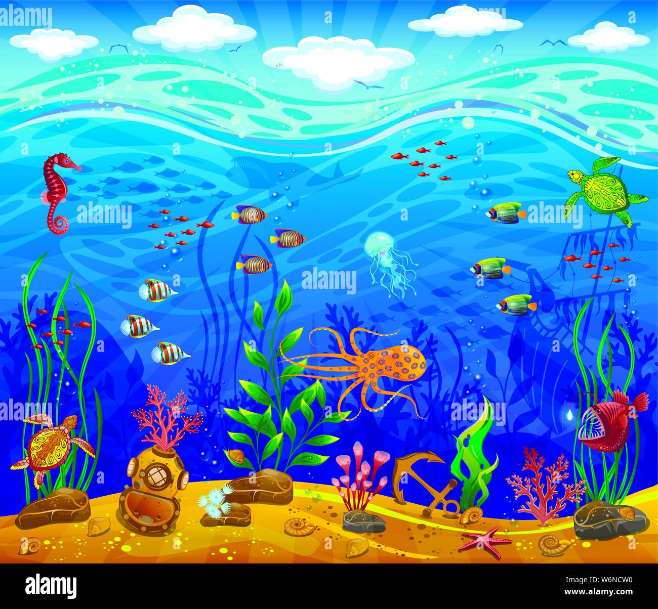 Unterwasserwelt. Meeresgrund, Pflanzen, Bewohner des Meeres, Anker, Unterwasser Helm. Wellen und Himmel mit Wolken. Stock Vektor