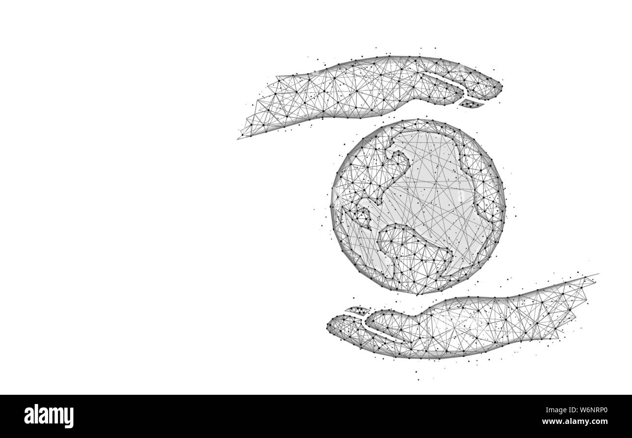 Hände, die den Planeten Erde Low-poly-Design, Wissenschaft abstrakten geometrischen Bild, speichern Sie die Erde Drahtmodell mesh polygonalen Vector Illustration aus Po gemacht Stock Vektor