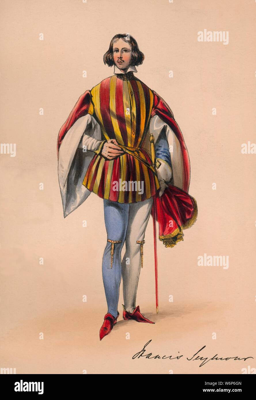 Francis Seymour in Kostüm für die Queen Victoria Bal Costum&#xe9;, 12. Mai 1842, (1843). Britische Höfling, Offizier und Politiker Francis Seymour, 5 Marquis von Hertford (1812-1884) in Plantagenet Kleid. Mitglieder des königlichen Haushalts wurden erwartet, Kleid der Plantagenet Zeitraum zu tragen (c) 1154-1485, obwohl andere Gäste tragen könnte Kostüme Ihrer eigenen Wahl. Die Kostüme wurden unter der Aufsicht von James Robinson Planch entworfen &#xe9; und wurden speziell für die Arbeiten an die rückläufige Spitalfields Seidenindustrie zu geben. Der Ball von 1842, im Buckingham Palace in London stattfand, war Stockfoto