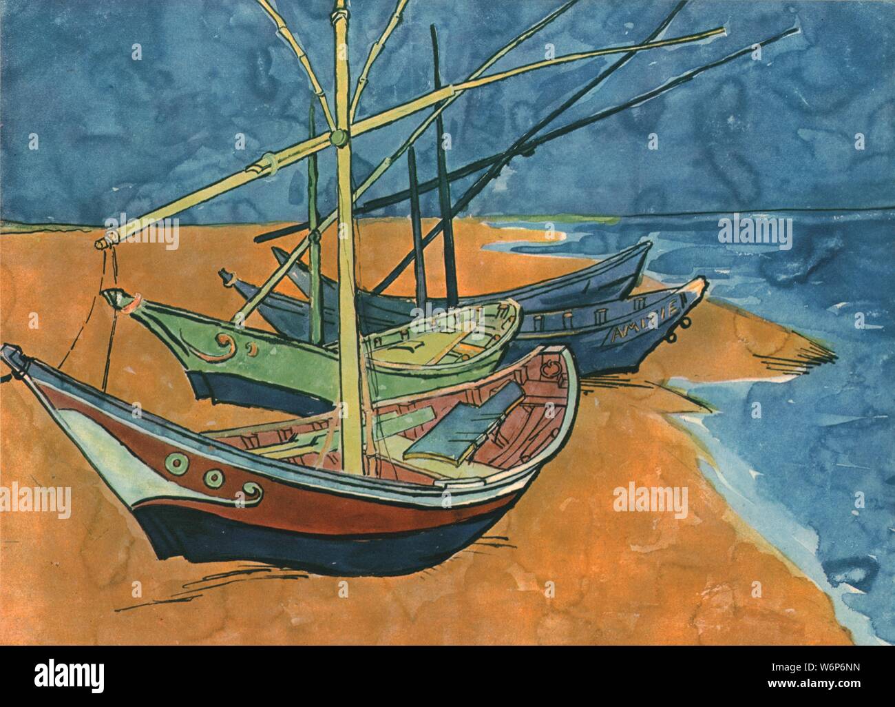 Sailing Boote am Strand von Les Saintes-Maries', Juni 1888, (1947). Malerei, auch als 'Fischerboote am Strand von Saintes-Maries-de-la-Mer', in der Eremitage, St. Petersburg, Russland bekannt. Von "Vincent Van Gogh", von Ludwig Goldscheider und Wilhelm Uhde. [Phaidon Press Ltd, Oxford und London, 1947] Stockfoto