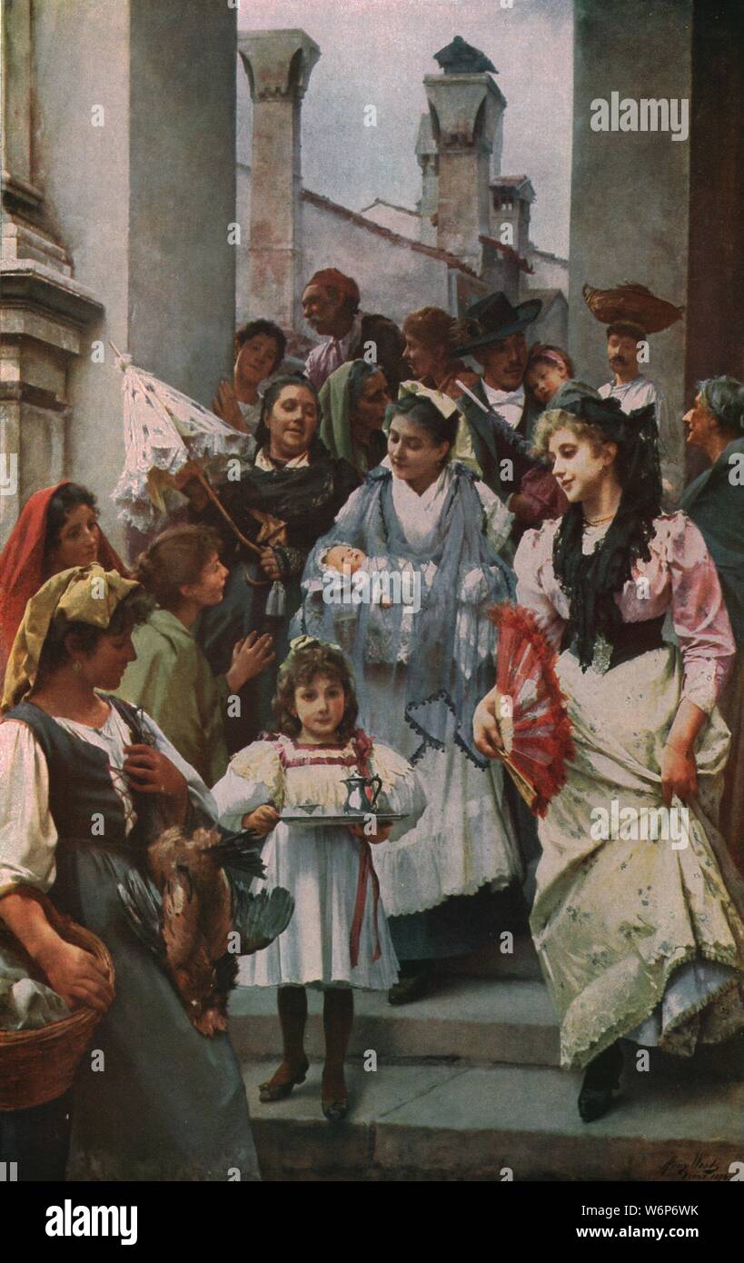 "Eine venezianische Taufe", 1896, (c 1930). Eine italienische Familie nehmen Sie Ihr Baby in Venedig taufen zu lassen. Malerei in der towneley Hall Art Gallery &Amp; Museum, Burnley, Lancashire. Von "Moderne Meisterwerke der britischen Kunst". [Die Amalgamated Press Ltd., London, c 1930] Stockfoto