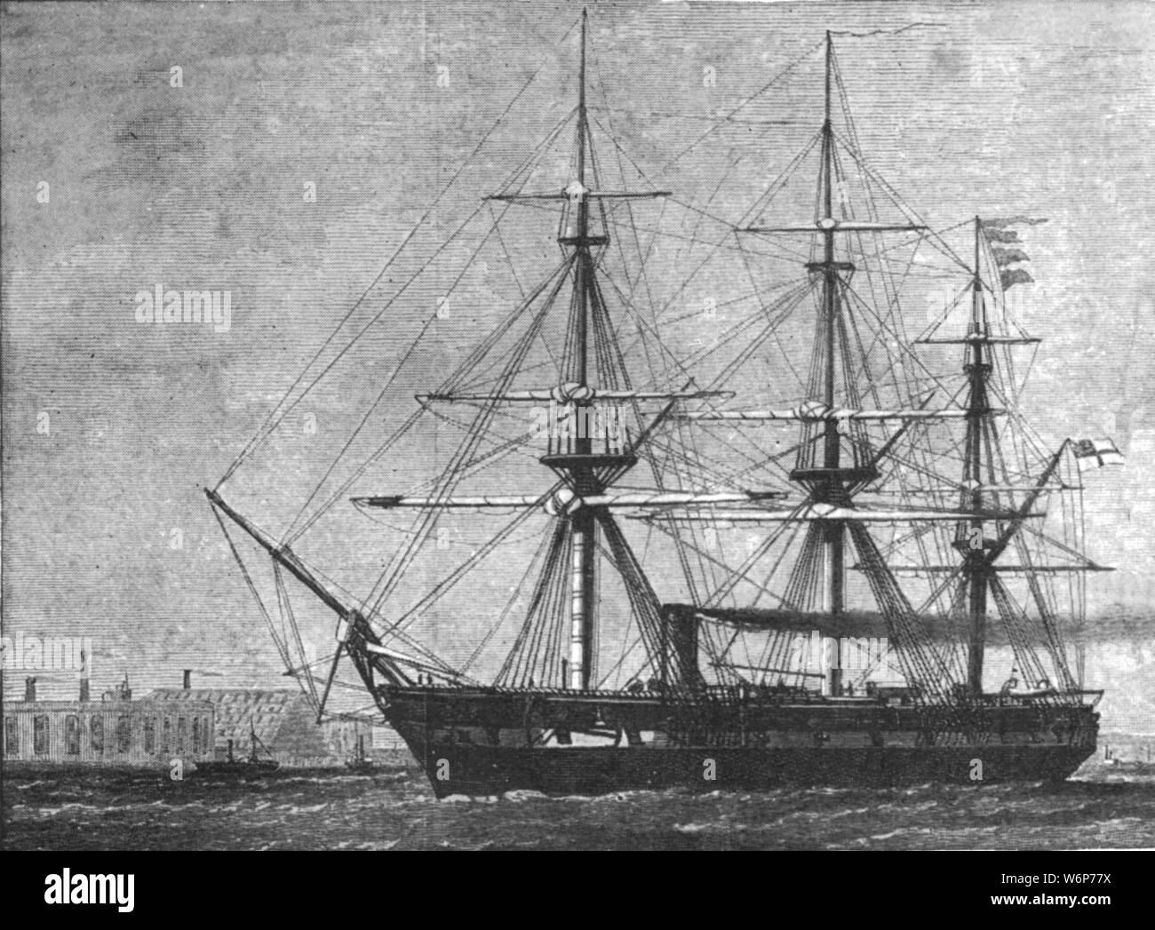"H.M.S. "Challenger", Beauftragte für die Kreuzfahrt ihrer vier Jahre' auf Deep Sea Exploration, 1872", (1901). "Challenger", ein Dampfbad unterstützt Kriegsschiff der Royal Navy, für das Challenger Expedition von 1872-1876 verwendet wurde, eine Britische wissenschaftliche Mission der Naturforscher und Ozeanographen an eine Grand Tour der Welt, über 68.000 nautische Meilen (125,936 km). Die Crew gesammelten Proben und war der Erste, der die tiefsten Teil des Ozeans zu Sound, der die Grundlage der ozeanographie als Wissenschaft. Von "The Illustrated London News Record der glorreichen Herrschaft der Königin Victoria 1574: Das Lif Stockfoto