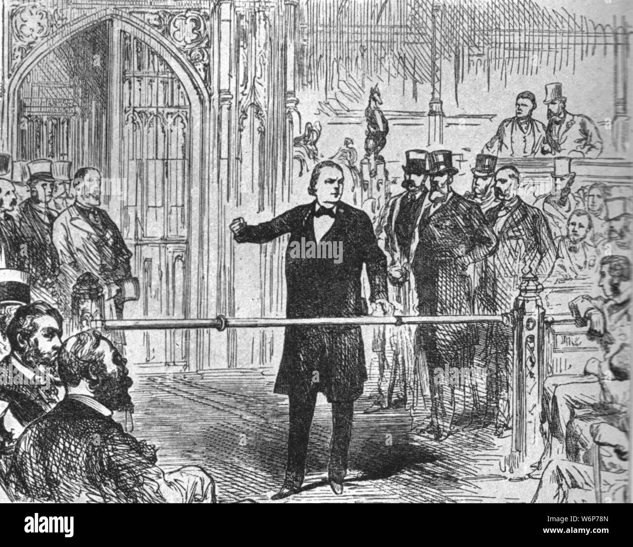 'Charles Bradlaugh, an der Bar des "House of Commons", behauptet das Recht, die Bestätigung der Zugehörigkeit zu statt den Eid", 1880, (1901). Britische freie Denker, politischer Aktivist, Atheist und Sozialreformer Charles Bradlaugh (1833-1891) war MP für Northampton 1880 gewählt, weigerte sich aber, den Eid zu leisten, als er nicht ein Christ war, und wurde vom Parlament ausgeschlossen. Er wurde wiedergewählt und dauerte bis 1886, als er schließlich den Eid, mit dem er sich zurückgewiesen werden. Seinen Sitz genommen, Bradlaugh sprach zugunsten der Irischen Home Rule und Umverteilung. Er gründete die Nationalen Secul Stockfoto