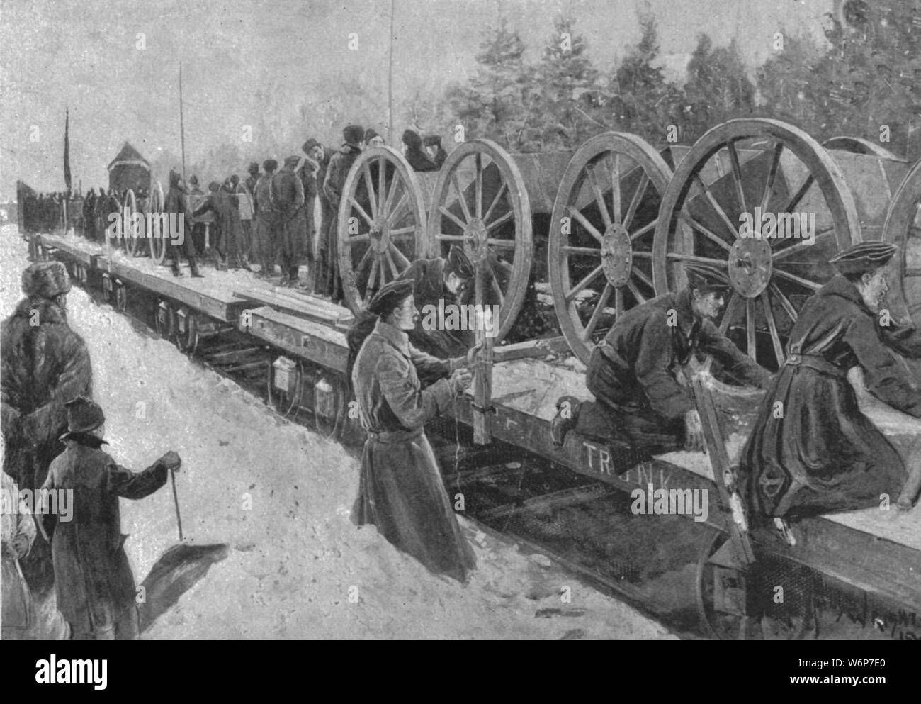 "Kolonialen Truppen für Südafrika 1900: Kanadische Artillerie Einkuppeln bei Ottawa', (1901). Soldaten klettern auf Flachbild-bett Eisenbahnwaggons, die schwere Artillerie bei Ottawa in Kanada. Über 7.000 kanadische Soldaten und support Personal wurden im Zweiten Burenkrieg (Oktober 1899 - Mai 1902) beteiligt. Von "The Illustrated London News Record der glorreichen Herrschaft der Königin Victoria 1574: das Leben und den Beitritt von König Edward VII. und das Leben der Königin Alexandra". [London, 1901] Stockfoto