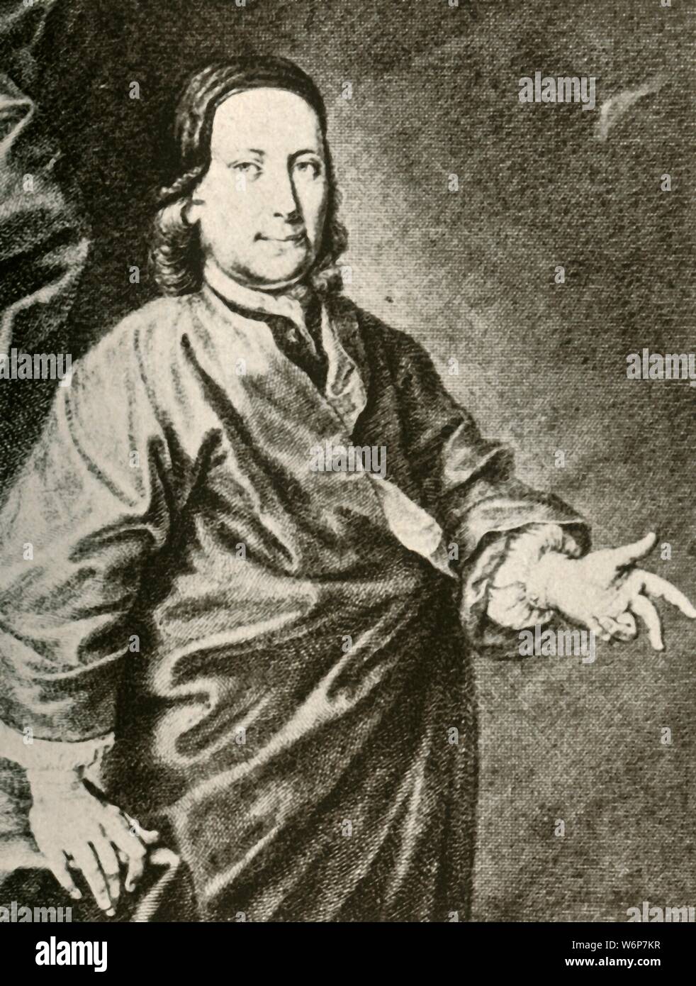 'Porträt des Grafen Zinzendorf in einem Prediger robe', c 1740, (1937). Nicolaus Zinzendorf (1700-1760), deutscher Reformator solcial. Von "Geschichte der amerikanischen Kostüm - Buchen Sie eine 1607-1800", von Elisabeth McClellan. [Tudor Publishing Company, New York, 1937] Stockfoto