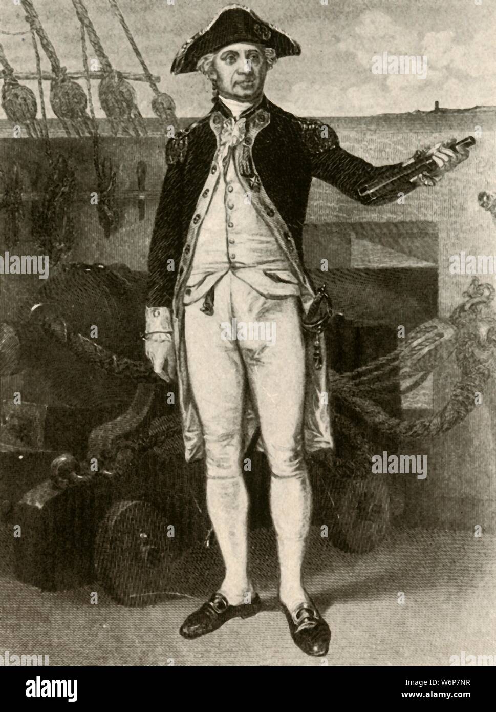 "Portrait von Paul Jones, Commodore der United States Navy', c 1780, (1937). John Paul Jones (1747-1792) naval Commander im Amerikanischen Unabhängigkeitskrieg. Von "Geschichte der amerikanischen Kostüm - Buchen Sie eine 1607-1800", von Elisabeth McClellan. [Tudor Publishing Company, New York, 1937] Stockfoto