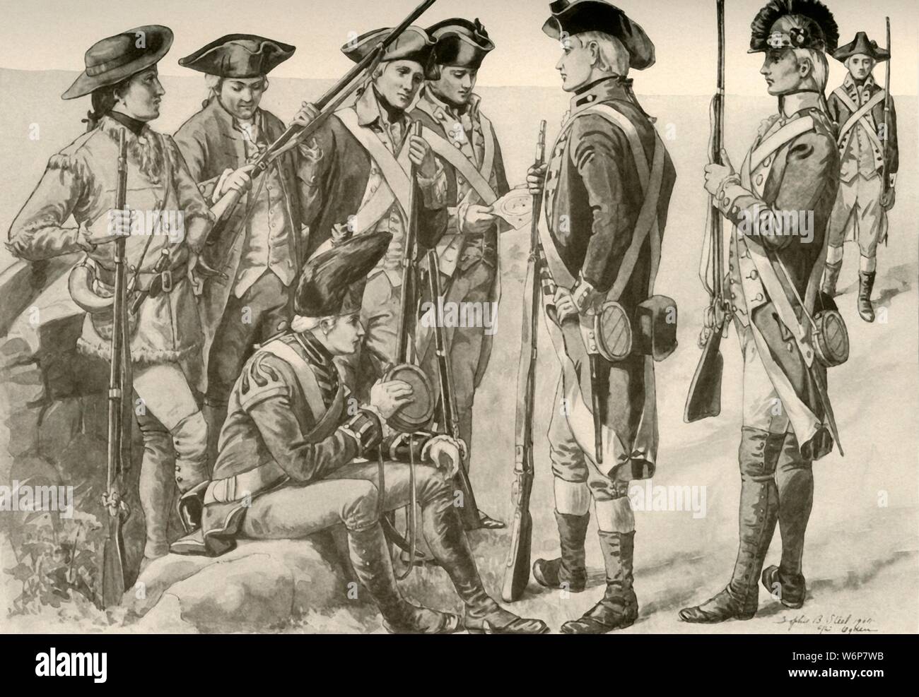 "Militärische Uniformen in Amerika', c 1770, (1937). Die Amerikanische Revolution war eine koloniale Revolte, die zwischen 1765 und 1783 aufgetreten. Die amerikanischen Patrioten in den Dreizehn Kolonien besiegten die Briten im Amerikanischen Unabhängigkeitskrieg (1775-1783) mit Unterstützung von Frankreich. Von "Geschichte der amerikanischen Kostüm - Buchen Sie eine 1607-1800", von Elisabeth McClellan. [Tudor Publishing Company, New York, 1937] Stockfoto