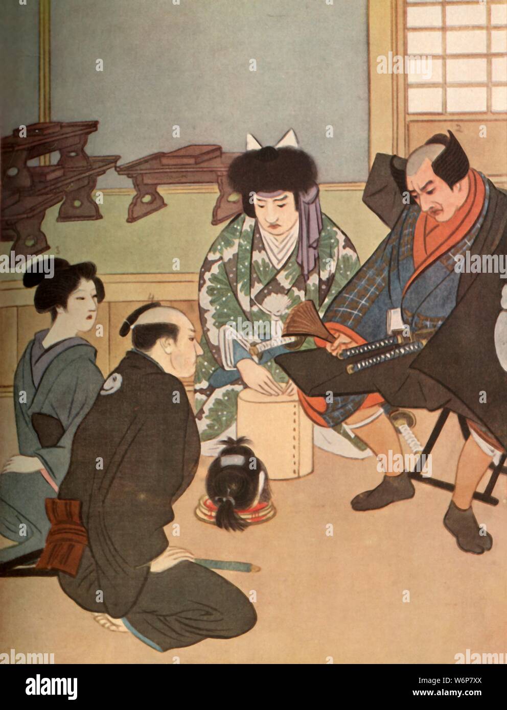 "Dies ist der Leiter der Kanshusai, der Sohn des Herrn Sugawara!"', 1919. Der abgetrennte Kopf war, in der Tat, dass der kleine Kotaro. Genzo ausruft: "Die Götter ihre mächtige Hilfe gewährt haben, unsere Sache und barmherzig verursacht Matsuo die Augen zu dimmen, so dass er den Kopf des anderen Jungen für die unserer jungen Prinzen verwechselte. Der Himmel hat eindeutig zwischengeschaltet, unseren Herrn zu helfen. Lasst uns froh, meine Frau!" "Illustration" treu, bis an den Tod, oder die Sugawara Tragödie", eine Geschichte, die in "Romances des alten Japan", die von Madame Yukio Ozaki. [Simpkin, Marschall, Hamilton, Kent&AMP;C Stockfoto