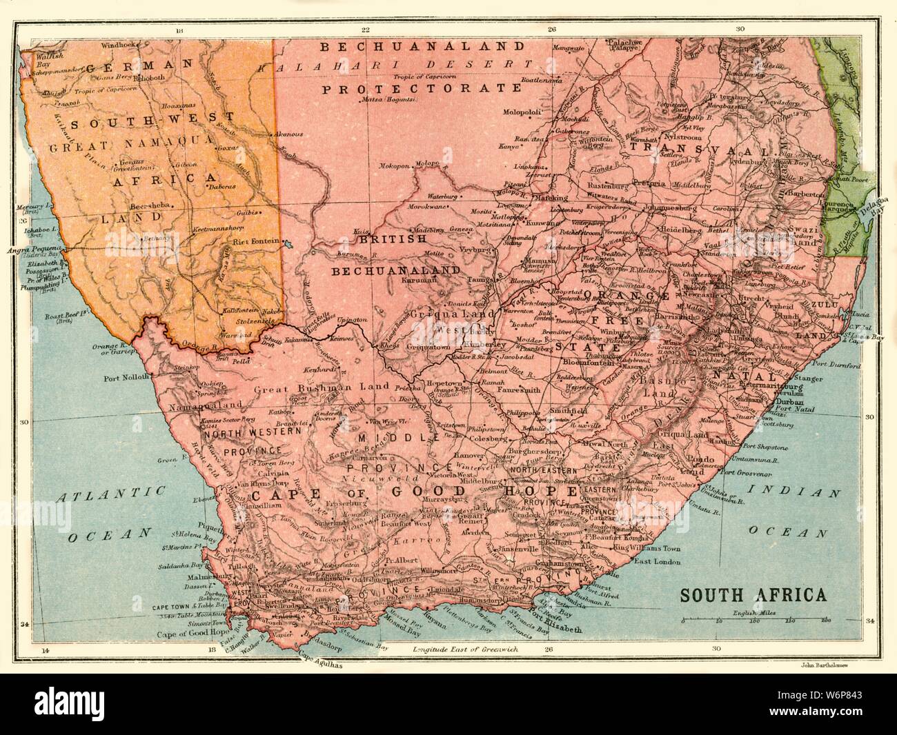 Karte von Südafrika, c 1914, c 1920). Karte von der Südspitze Afrikas zu Beginn des Ersten Weltkrieges, in Deutsch-Südwest-Afrika (Namibia), und verschiedenen Provinzen Südafrika einschließlich der Bechuanaland Protectorate, Transvaal, Natal, Orange Free State, und Zululand. Von "Die Große Welt Krieg - eine Geschichte" Band I, herausgegeben von Frank eine Mumby. [Das Gresham Publishing Company Ltd., London, c 1920] Stockfoto