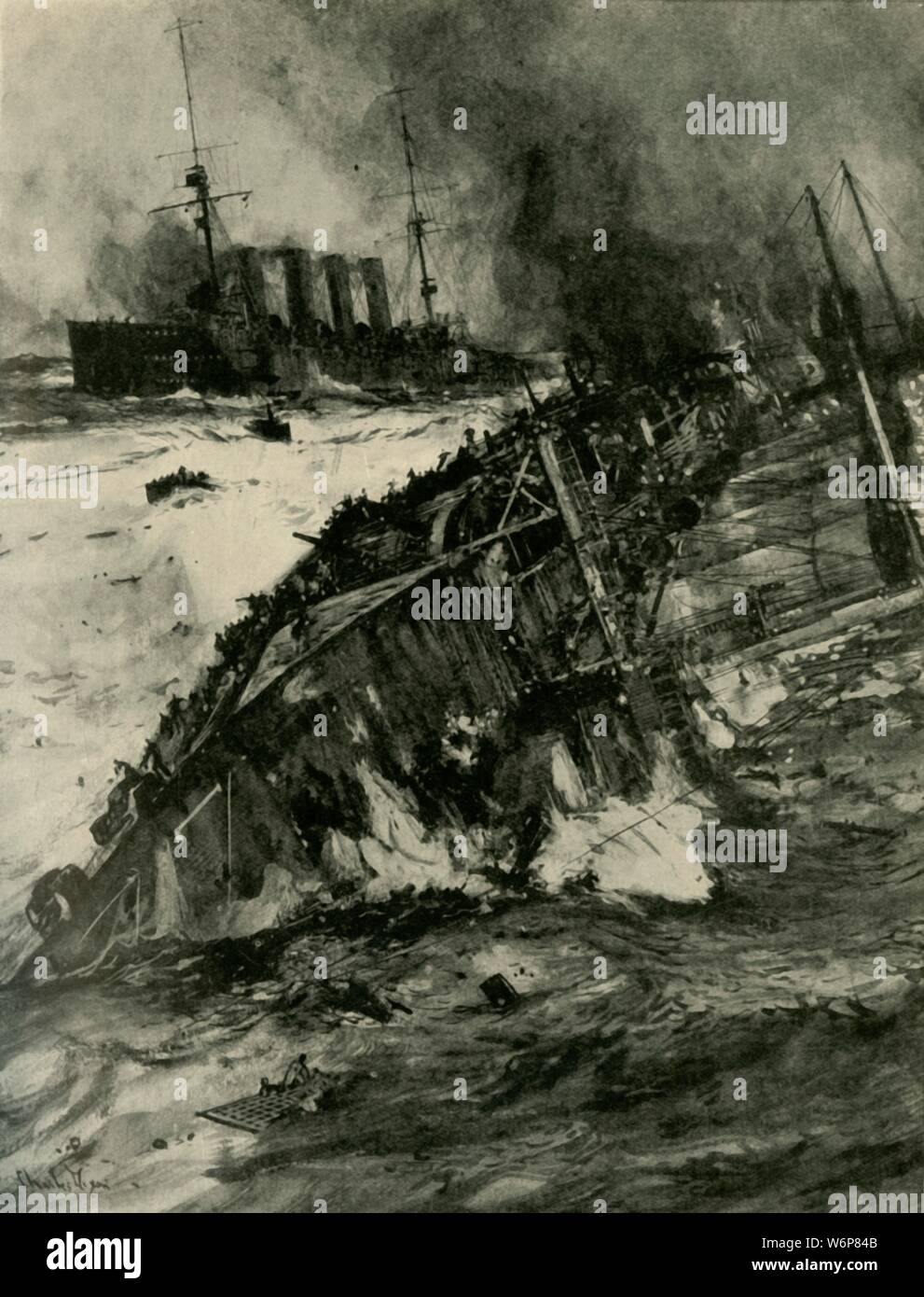 Der Untergang der HMS'Aboukir", Erster Weltkrieg, 22. September 1914, c 1920). Britische Kriegsschiffe torpediert durch den Deutschen u-M U-9' in der Nordsee: "Szene am Verlusts von H.M.S Aboukir, im Augenblick der letzte Befehl des Kapitäns - "Jeder für sich "...Die Aboukir war einer der drei Kreuzer, Gründer der Deutschen u-boot Angriff ... Die Hogue gezeigt Boote senden an die Rettung vor ihr eigenes kam Wende angegriffen zu werden... insgesamt fast 1500 Menschen kamen ums Leben. Von "Die Große Welt Krieg - eine Geschichte" Band I, herausgegeben von Frank eine Mumby. [Das Gresham Publishin Stockfoto