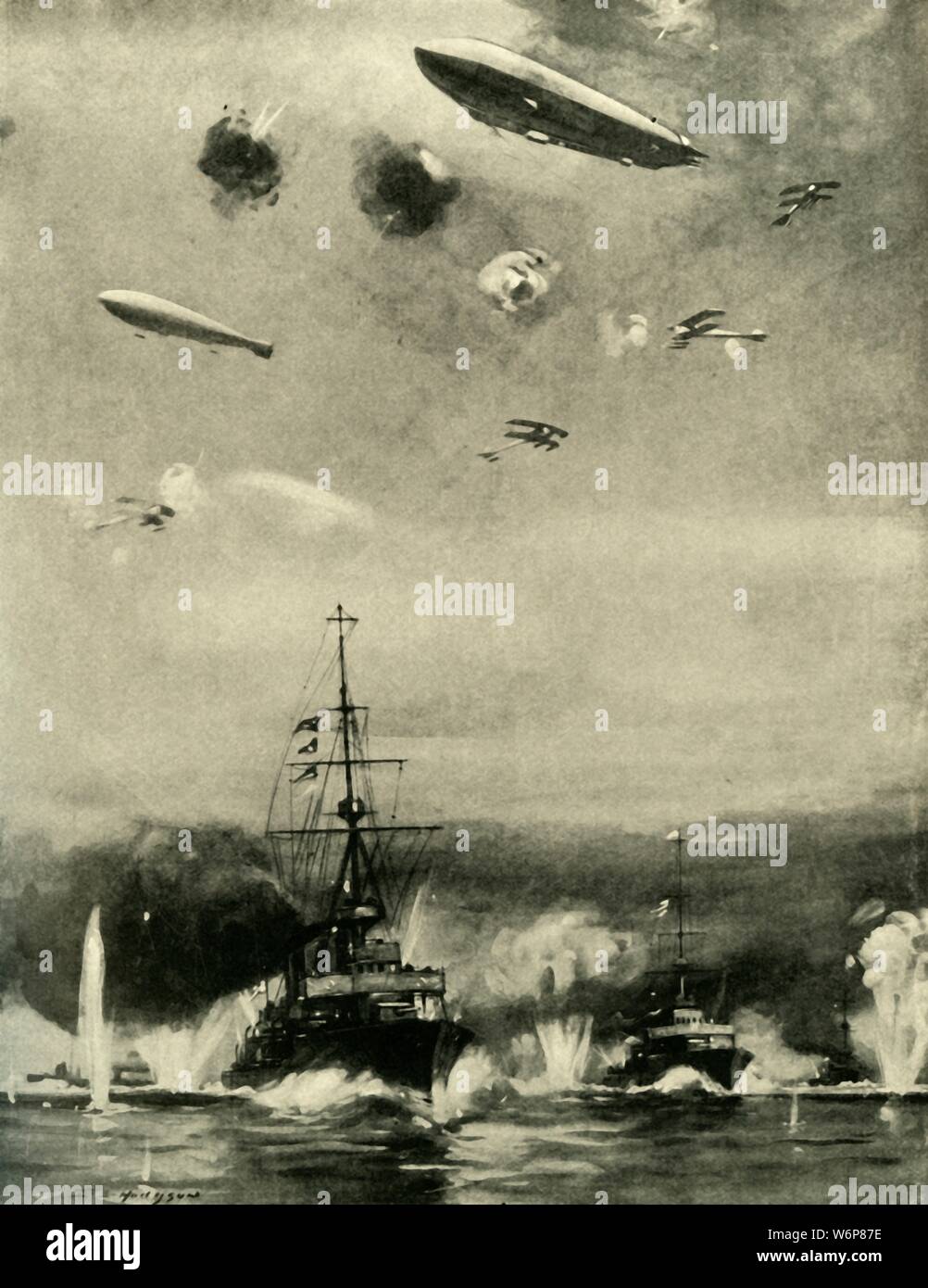 "Die britischen Luftangriff auf Cuxhaven, Weihnachten, 1914', (c 1920). '... Der Zeppelin Angriff auf die Begleitung der leichte Kreuzer". Darstellung" aus der Beschreibung der Augenzeuge", der britischen Schiff Luftangriff auf Deutsche Seestreitkräfte am Standort Cuxhaven an der norddeutschen Küste, während des Ersten Weltkriegs. Von "Die Große Welt Krieg - eine Geschichte", Band II, herausgegeben von Frank eine Mumby. [Das Gresham Publishing Company Ltd., London, c 1920] Stockfoto