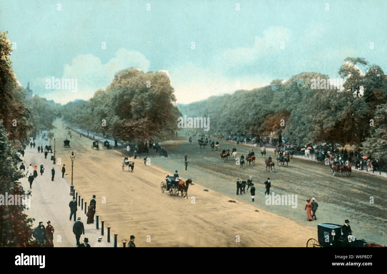 Rotten Row, Hyde Park, London, c 1910. Rotten Row ist eine breite Spur entlang der Südseite des Hyde Park laufen. Es wurde von William III. am Ende des 17. Jahrhunderts gegründet. In Hof zum Kensington Palace, William wollte ein sicherer Weg zu der früheren St. James's Palace zu reisen. Mit 300 Öllampen 1690 Leuchtet es wurde der erste künstlich Highway in Großbritannien beleuchtet. Die Strecke war Route du Roi, Französisch für die King's Road, die schließlich wurde in 'Rotten Row' beschädigt. Postkarte. Stockfoto