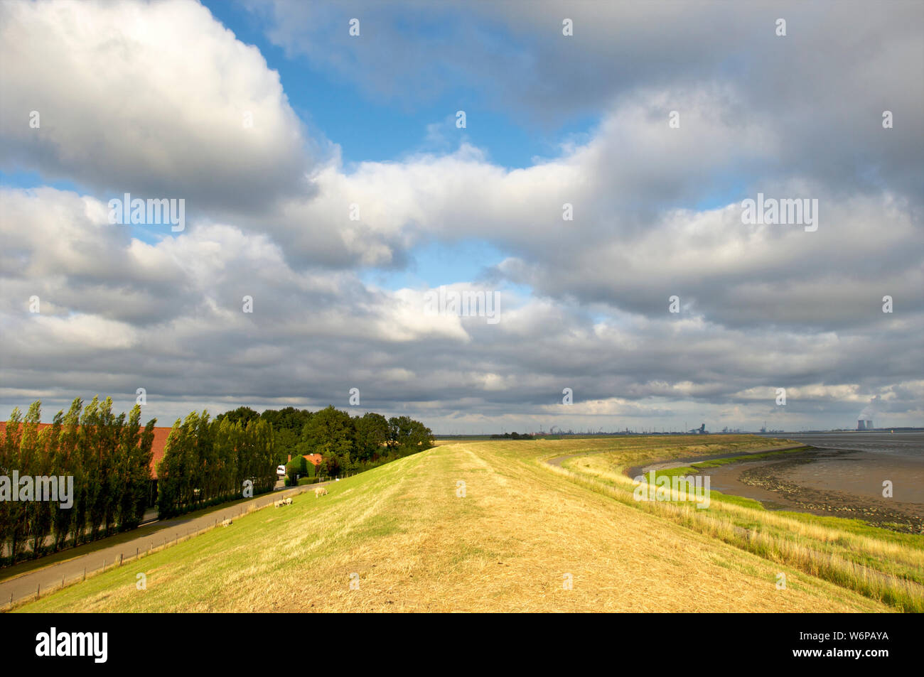 Die Westerschelde bei Ebbe und dem Deich als Ackerland mit dem Doel Kernkraftwerk im Hintergrund in Zeeland, Niederlande verwendet Stockfoto