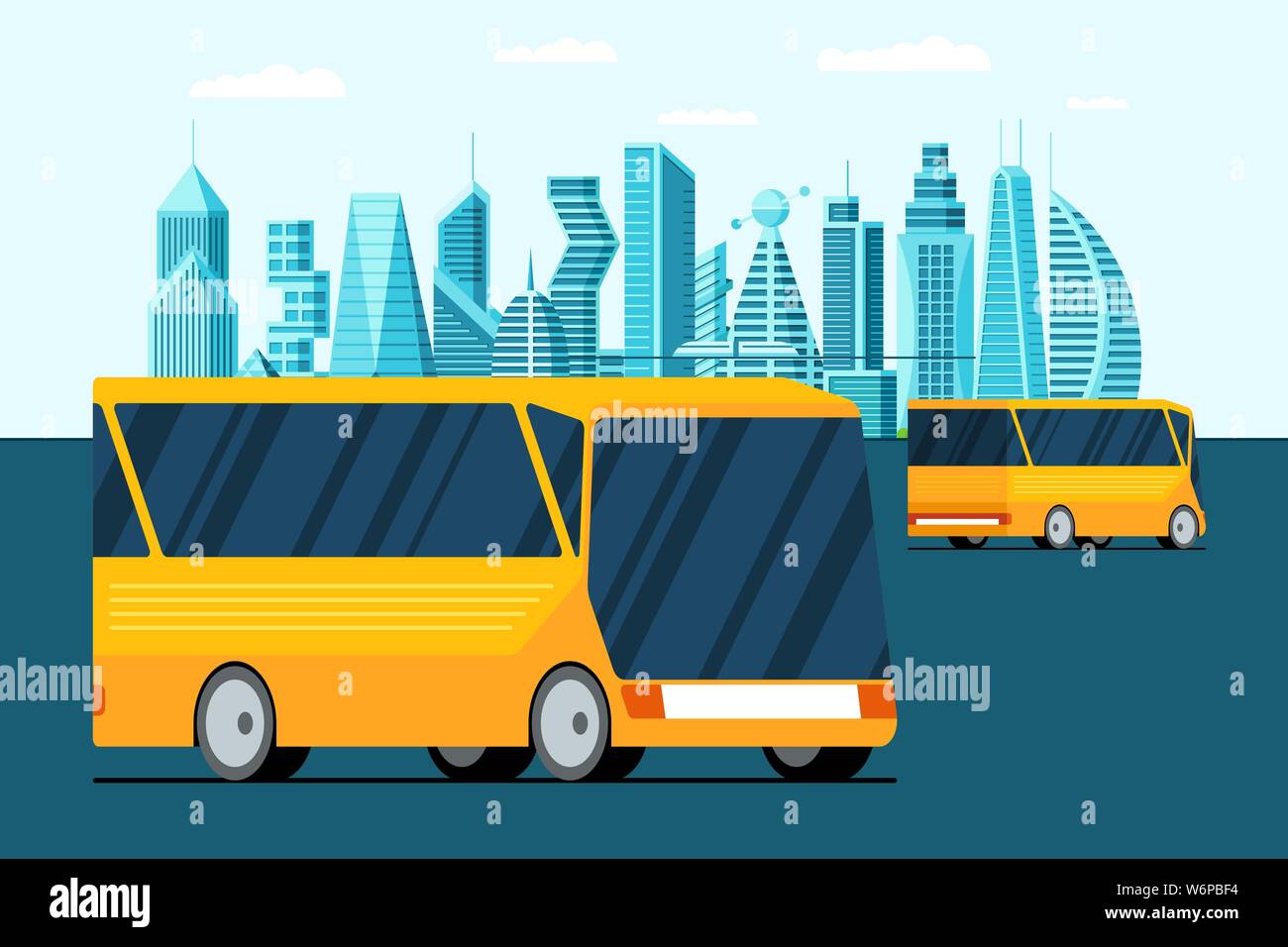 Autonomen unbemannten fahrerlosen Transport gelben Bus Fahrzeug auf zukünftige Stadt Straße. Smart Stadtbild städtische Eco transport Vector Illustration Stock Vektor