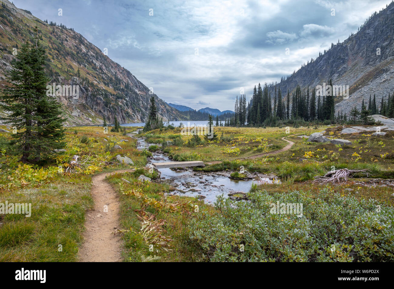 Kleine Brücke zu helfen Wanderer kleiner Bach in die Kokanee Lake Kreuz auf der Spur mit dem gleichen Namen, die Kokanee Glacier Provincial Park, BC, Kanada Stockfoto