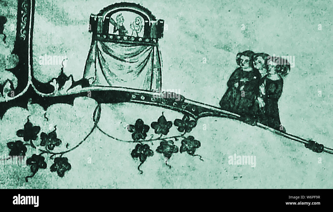 Teil einer mittelalterlichen Handschrift zeigt ein Kasperletheater, obwohl sein Name zu dieser Zeit vielleicht anders gewesen. Es zeigt, dass die Unterhaltung Ursprünge hat, lange bevor die normalerweise angenommen 16. Jahrhundert Italienische Commedia dell'arte Stockfoto