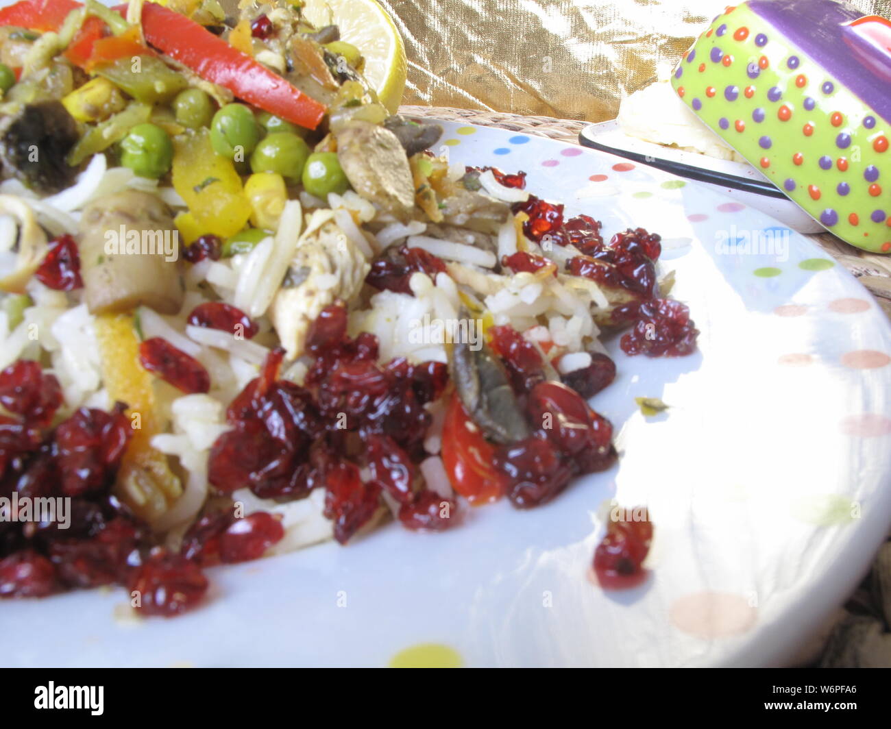 Asiatische Lebensmittel Reis mit Hähnchen und Polo mit Zitrone sehr lecker zereshk Mix Stockfoto