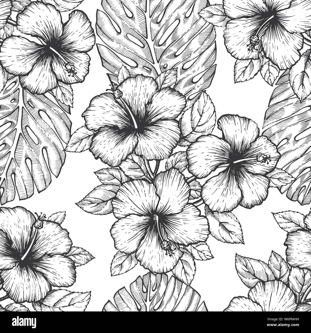 Hand tropischen Hibiskus Blume gezeichnet. Nahtlose florales Muster mit Palmblättern auf weißem Hintergrund. Exotische Gravur wallpaper für die Textil- und Oberfläche des Stock Vektor