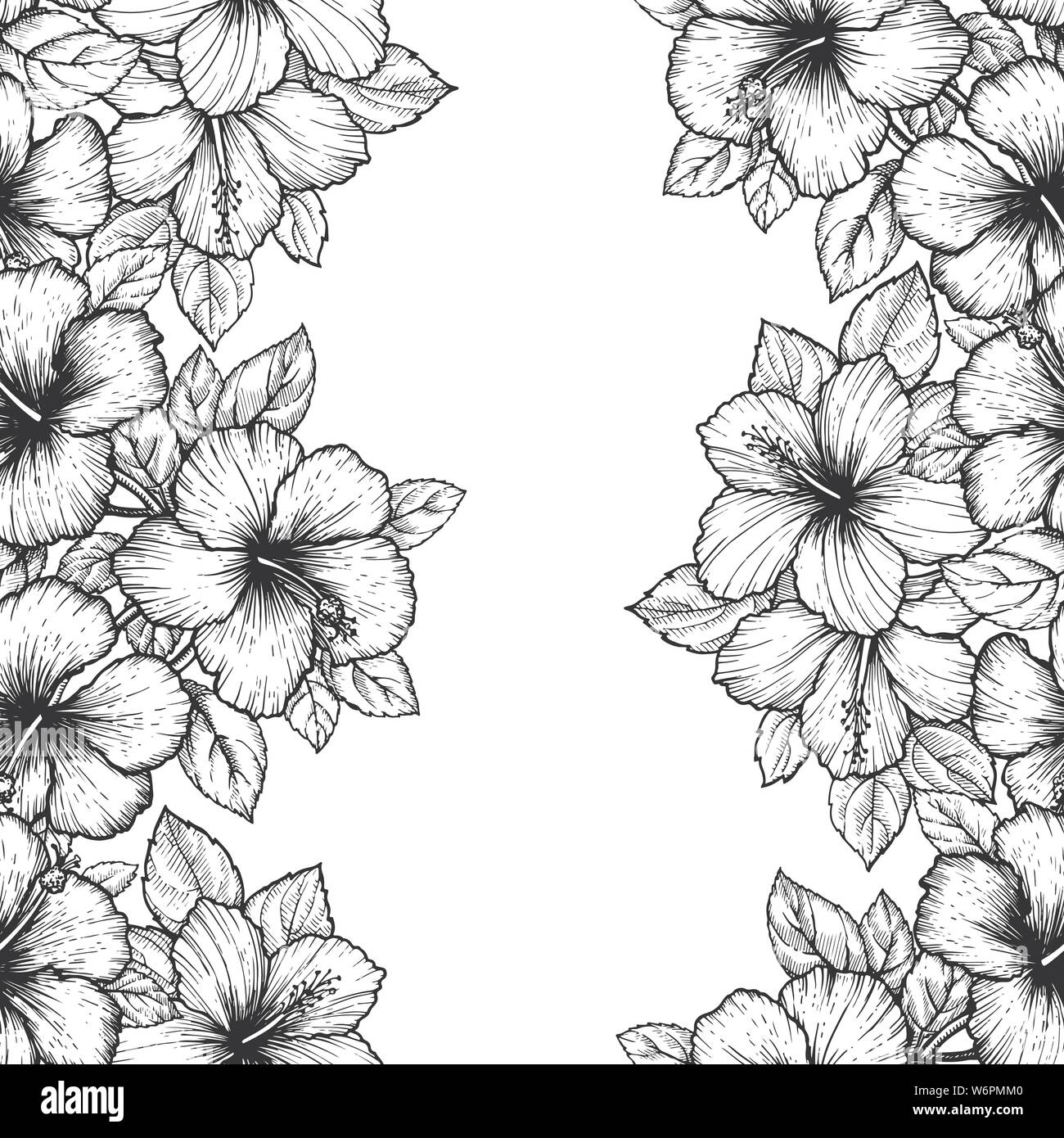 Hand tropischen Hibiskus Blume gezeichnet. Nahtlose florales Muster mit Blättern auf weißem Hintergrund. Exotische Gravur wallpaper für die Textil- und Surface Design o Stock Vektor