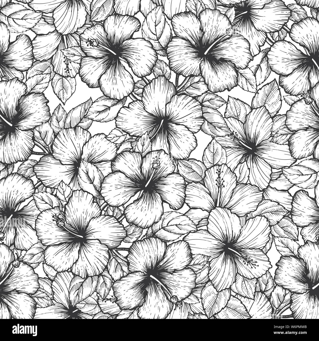 Hand tropischen Hibiskus Blume gezeichnet. Nahtlose florales Muster mit Blättern auf weißem Hintergrund. Exotische Gravur wallpaper für die Textil- und Surface Design o Stock Vektor