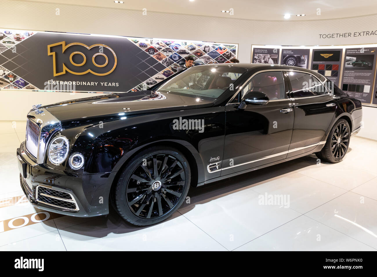 Genf, Schweiz - 6. MÄRZ 2019: Bentley Mulsanne W.O. Edition Luxury Car präsentiert auf dem 89. Internationalen Automobilsalon in Genf. Stockfoto