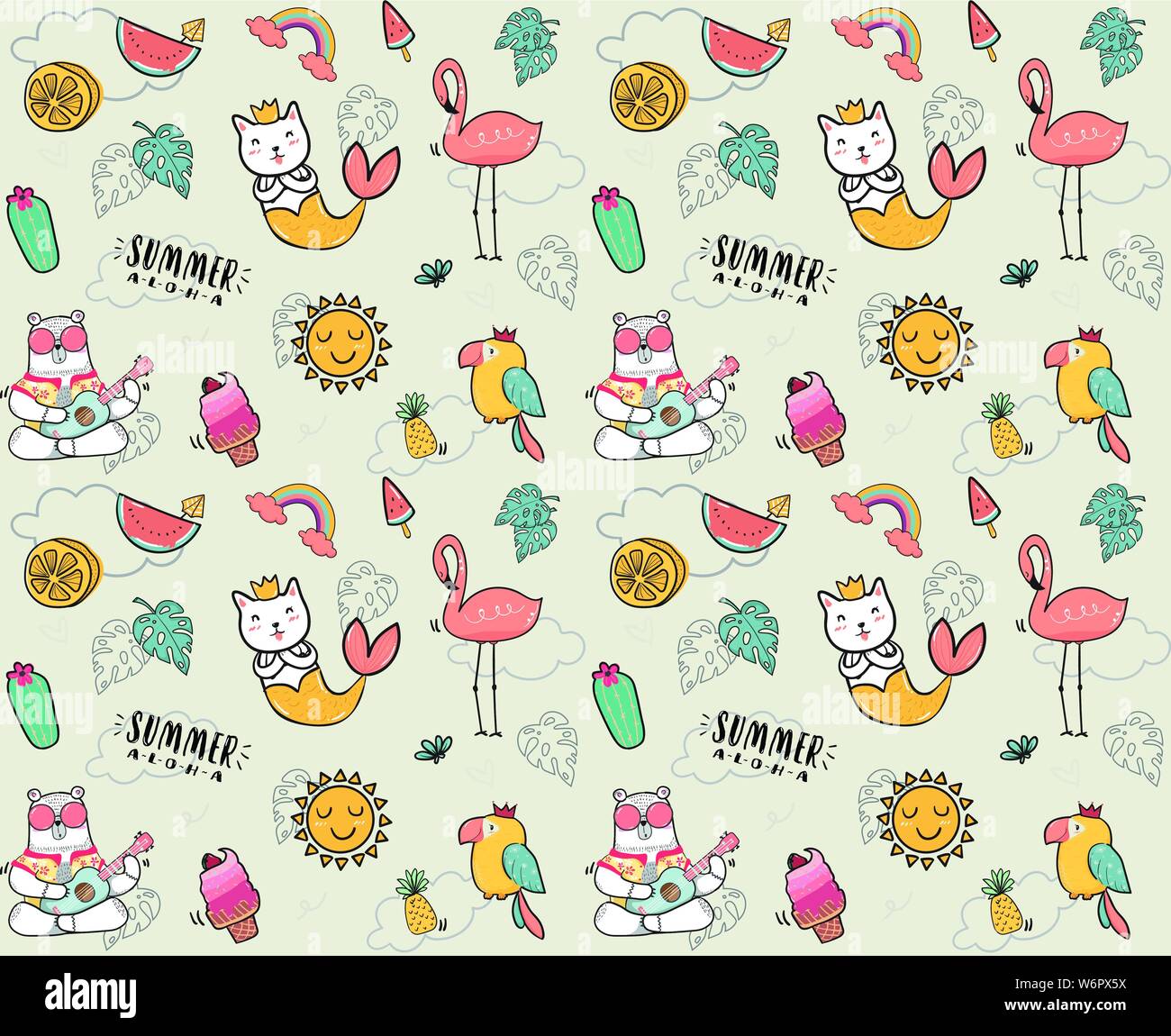 Cute doodle Sommer Kollektion Muster nahtlose Flachbild Vector Illustration Stock Vektor