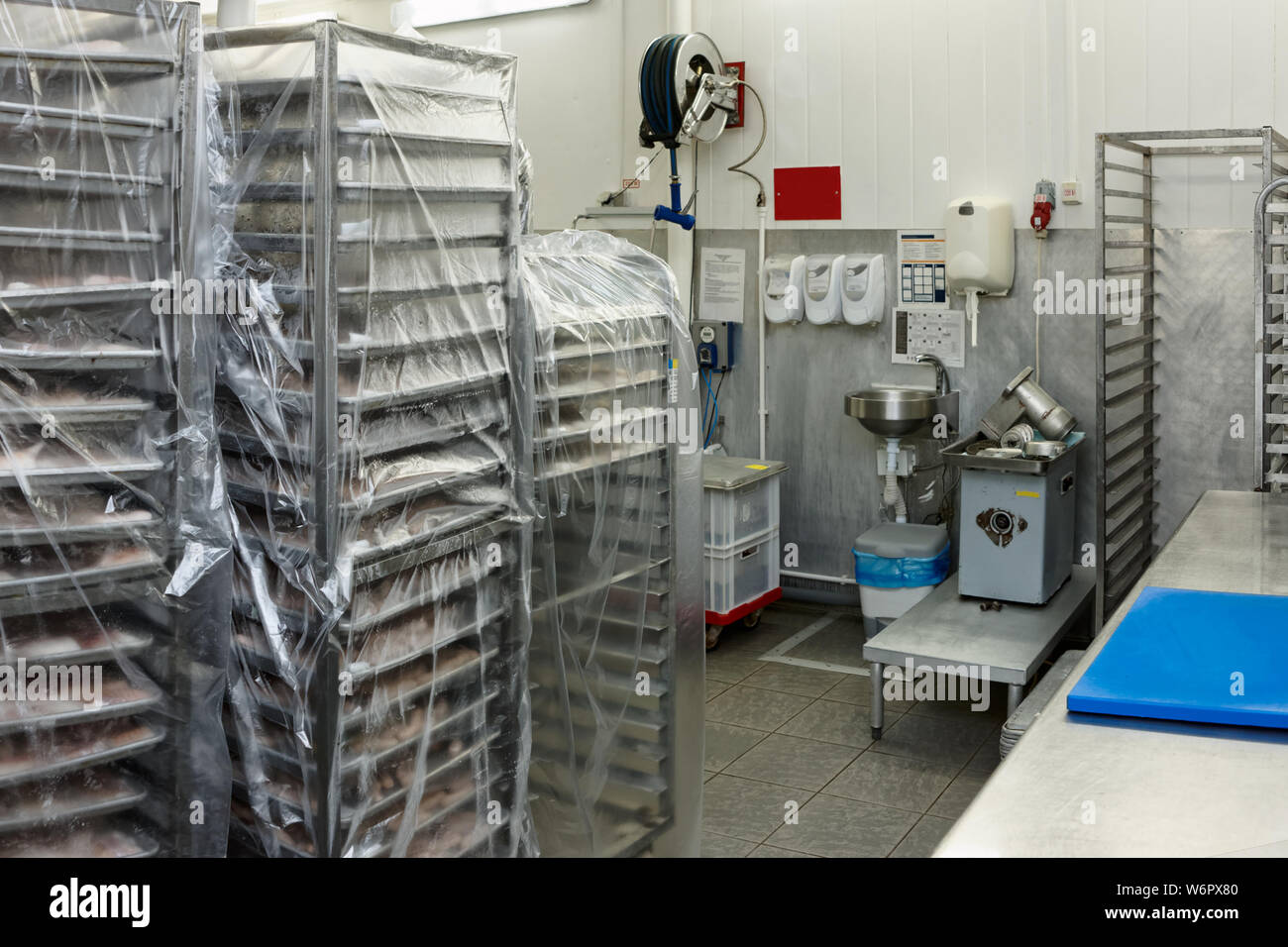 Food processing Anlagen Lagerraum mit Hordenwagen und Händewaschen Bereich Stockfoto