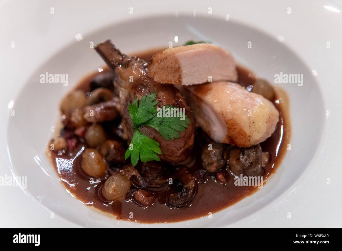 Huhn auf den Knochen Eintopf mit getrockneten Früchten und Braune Soße Stockfoto