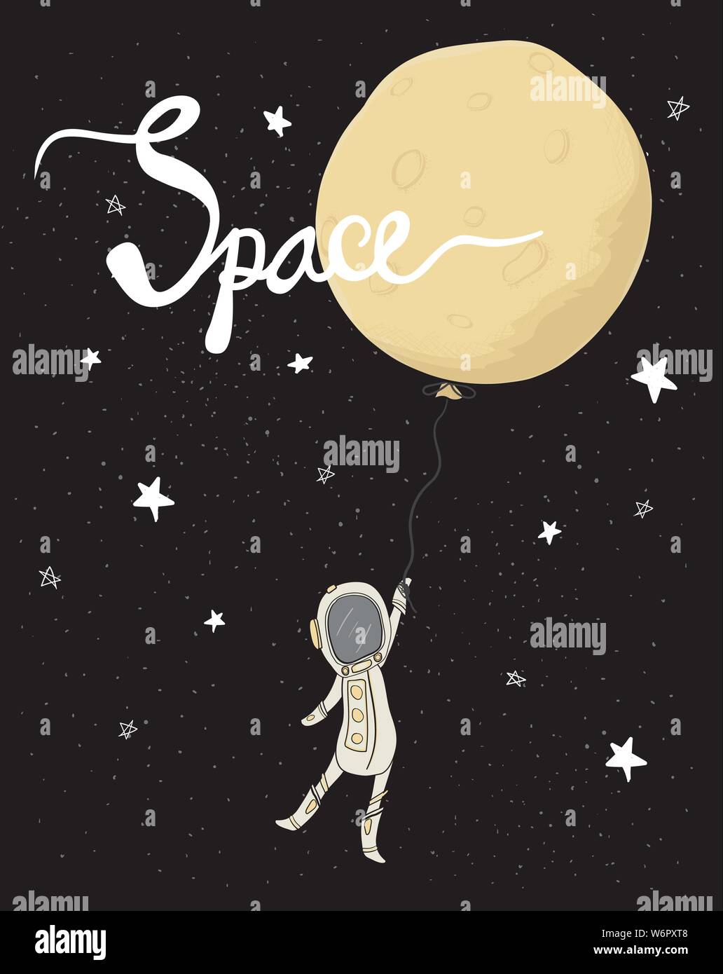 Astronaut Holding der volle Mond Ballon in Galaxy Star space Flachbild Vektor, hand Zeichnung mit Kalligraphie, Idee für Grußkarte, Kid, Kind druckbare Stock Vektor