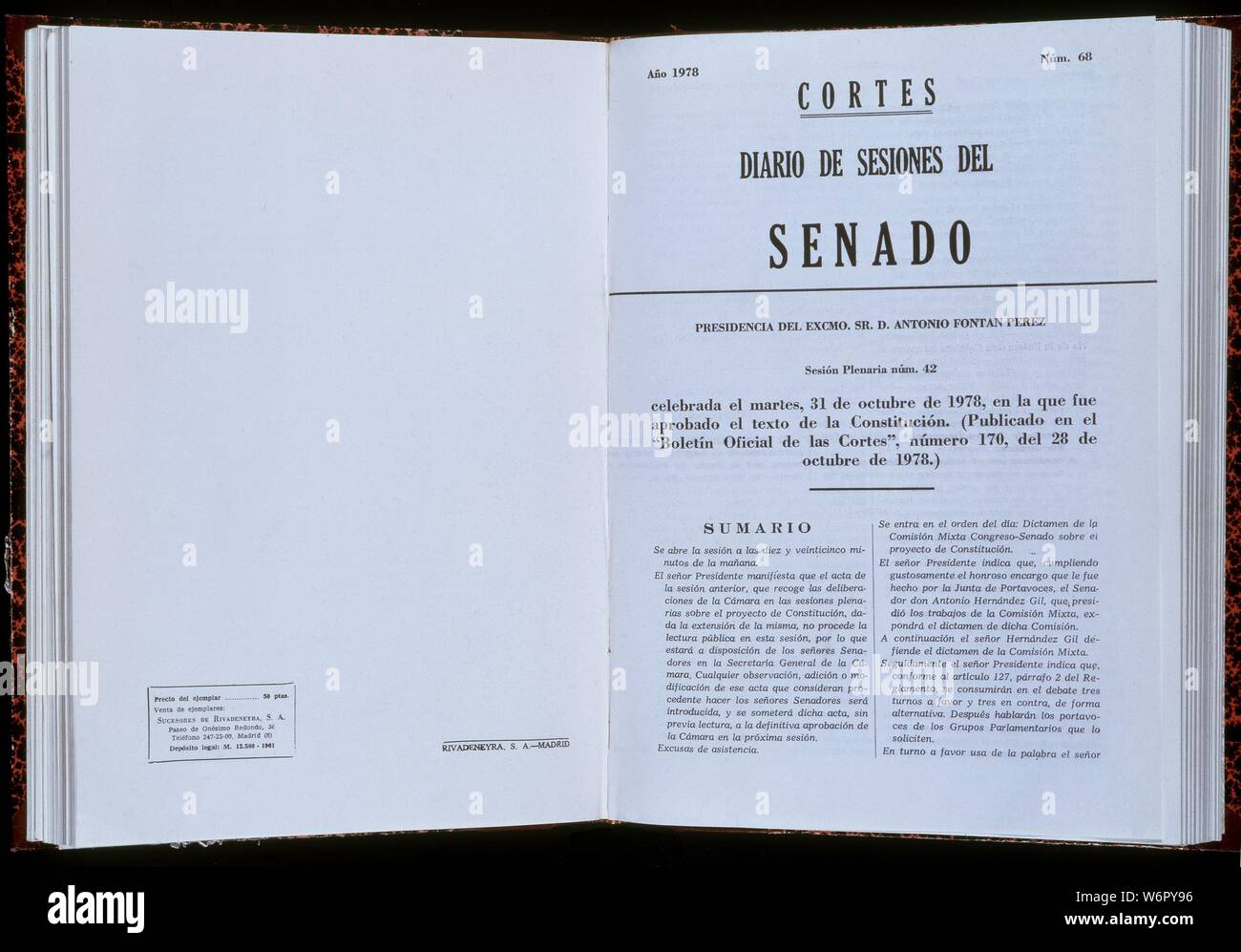 DIARIO DE SESIONES DEL SENADO NUMERO 68 DE 31 DE MAYO DE 1978 - APROBACION DE LA CONSTITUCION. Lage: SENADO - BIBLIOTECA - coleccion. MADRID. Stockfoto