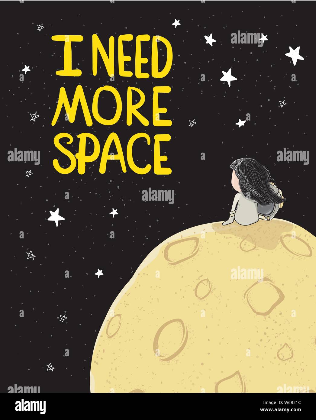 Cute Zeichnung astronaut Mädchen allein sitzen auf großen Mond in Galaxy Raum mit Stars und Text ich mehr Platz benötigen, Idee für druckbare Karte, t-shirt, Zicklein und Stock Vektor