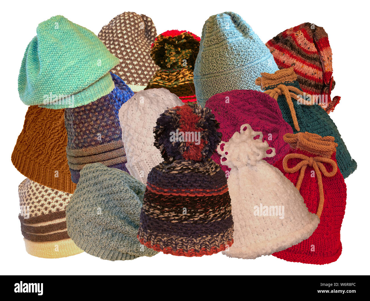 Foto eines 15 handgestrickte Mützen in verschiedenen Mustern, Formen und Farben Stockfoto