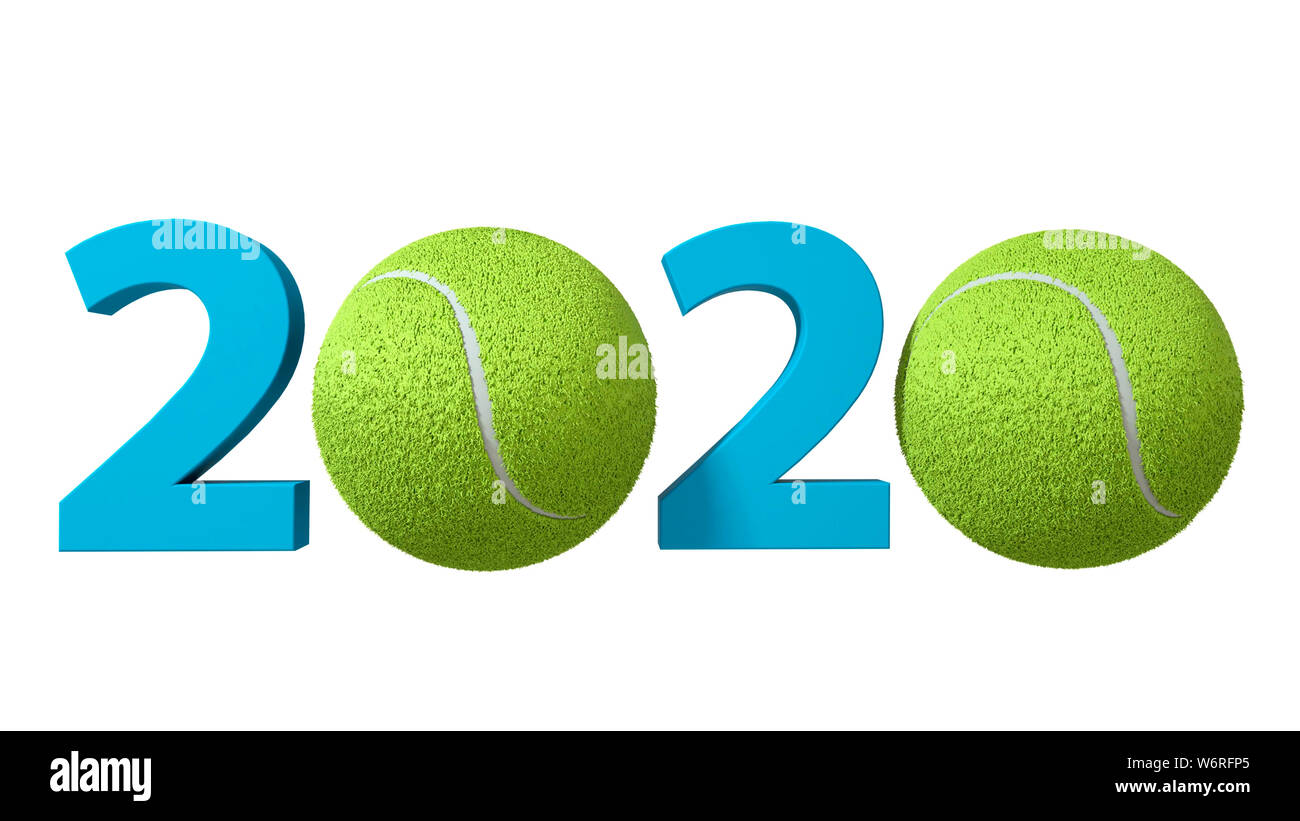 Tennis 2020 Design Hintergrund auf einem weißen Hintergrund. 3D-Darstellung. Stockfoto