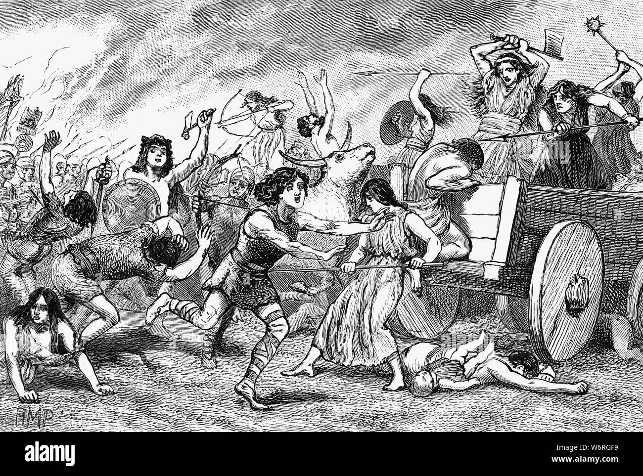 Die Schlacht von Vercellae, oder Kampf der Raudine Ebene, in 101 v. Chr. war der Römische Sieg der Konsul Gaius Marius über die eindringenden Celto-Germanic Stamm die Kimbern in der Nähe der Siedlung von Vercellae in Cisalpine die Kimbern in Norditalien und immer wieder besiegte die 20.000 Mann starke Armee des Konsuls Quintus Lutatius Catulus. Die beiden Armeen trafen auf dem Raudian Plain (oder Ebene von Vercellae) in Norditalien und Prokonsul Catulus' Legaten Lucius Cornelius Sulla, der römischen und italienischen der Alliierten Kavallerie, gewann den Sieg über die Invasoren. Stockfoto