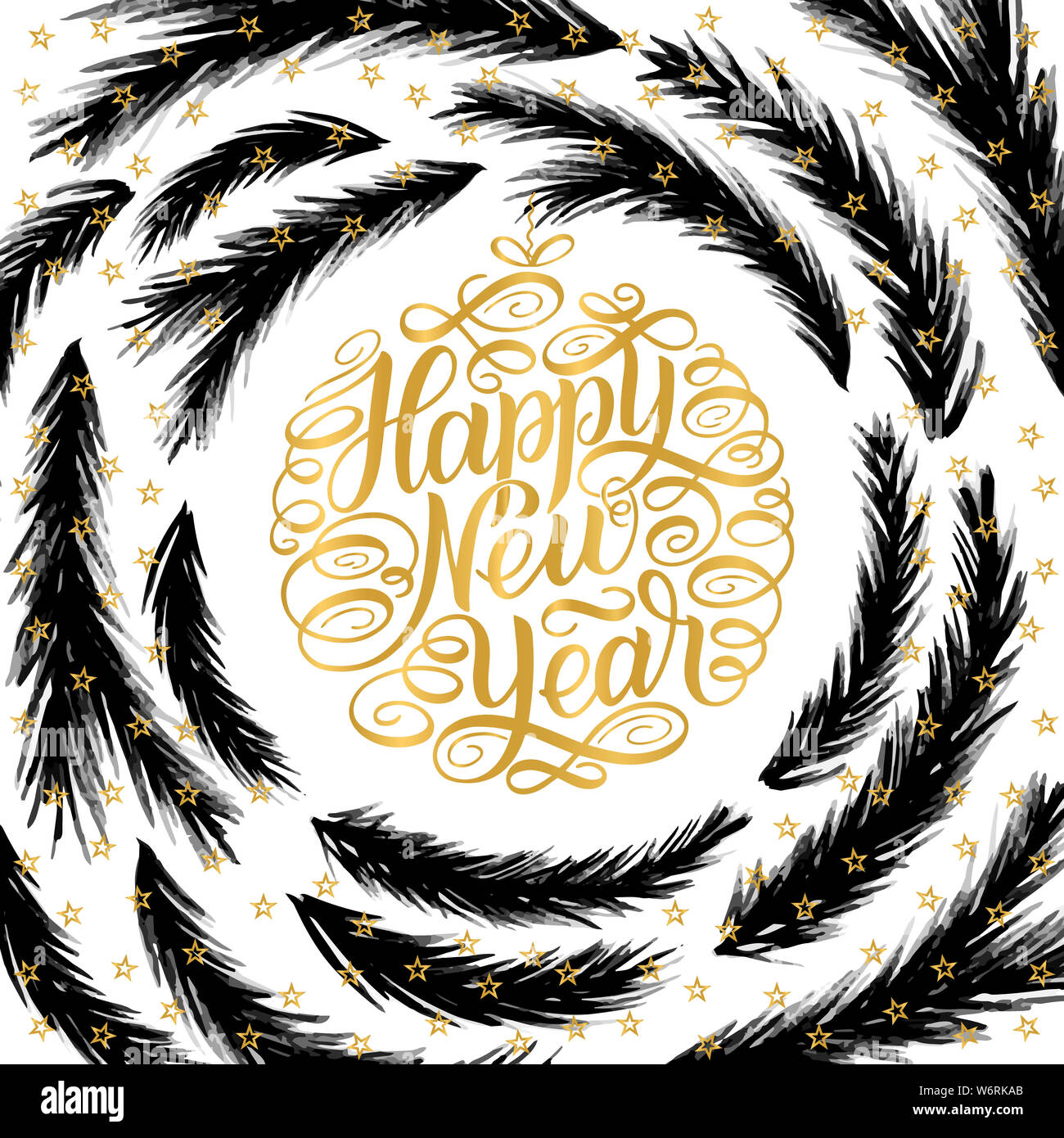 Frohes Neues Jahr, Schriftzug Grußkarte design Kreis Textrahmen auf weißem Hintergrund mit goldenen Buchstaben und Sterne und schwarze Weihnachtsbaum Bh isoliert Stockfoto