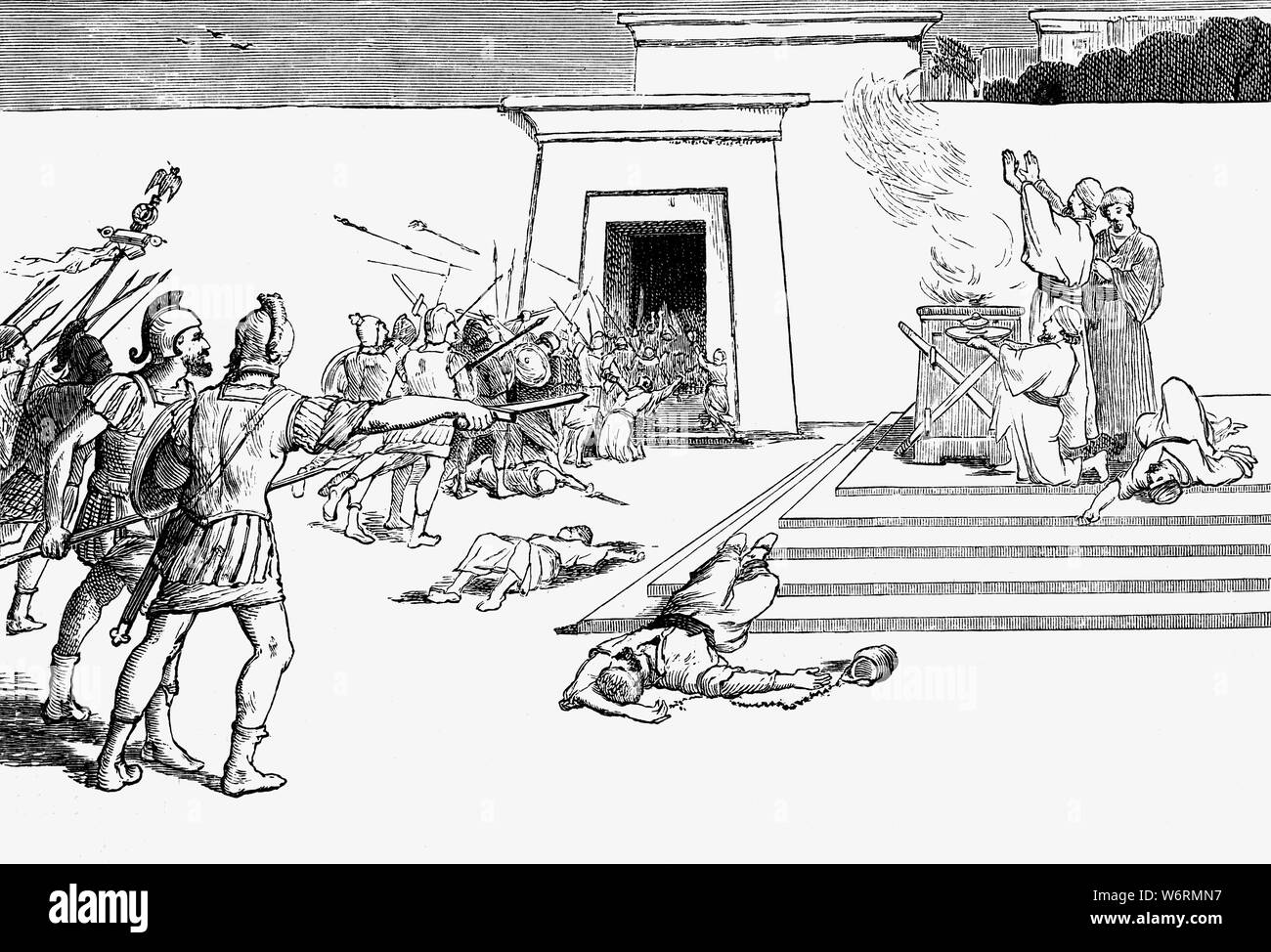 Pompeius der Große im Tempel des Jeusalem nach der Belagerung von Jerusalem (63 v. Chr.), dass er während seiner Kampagnen im Osten aufgetreten ist, und kurz nach seinem erfolgreichen Abschluss der dritten Mithridatic Krieg. Pompeius war gebeten worden, in einen Disput über die Vererbung auf dem Thron, die in einen Krieg zwischen Hyrkanus II und Aristobulus II für den Thron des Hasmonean Kingdom drehte sich zu intervenieren. Seine Eroberung von Jerusalem, aber auch das Ende der jüdischen Unabhängigkeit geschrieben und die Einbeziehung von Judäa als Client Königreich der Römischen Republik. Stockfoto