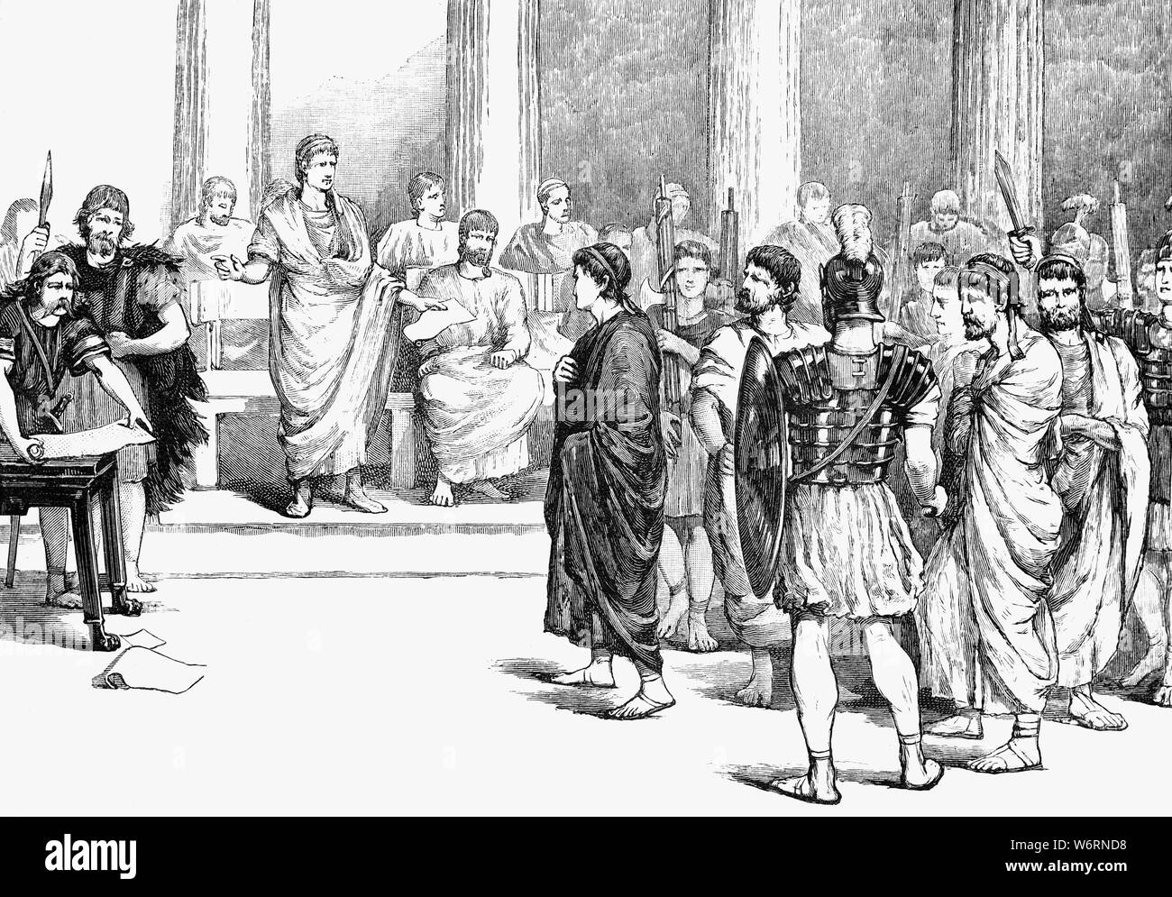 Die Catilinarian Verschwörer vor dem Senat. Sie enthalten Lucius Sergius Catilina (108 - 62 v. Chr.), Römischer Senator aus dem 1. Jahrhundert v. Chr., die das Grundstück mit der Hilfe einer Gruppe von Aristokraten und desillusionierten Veteranen entwickelt, die Römische Republik im Jahr 63 v. Chr. zu stürzen. Cicero ausgesetzt werden, das Grundstück, die gezwungen Catilina aus Rom fliehen. Die fünf Verschwörer zum Tode verurteilt wurden, aber aus Angst, dass andere Verschwörer versuchen könnten, Sie zu befreien, Cicero hatte sie in der tullianum sofort abgewürgt und ein Ende war auf die Verschwörung in Rom. Stockfoto