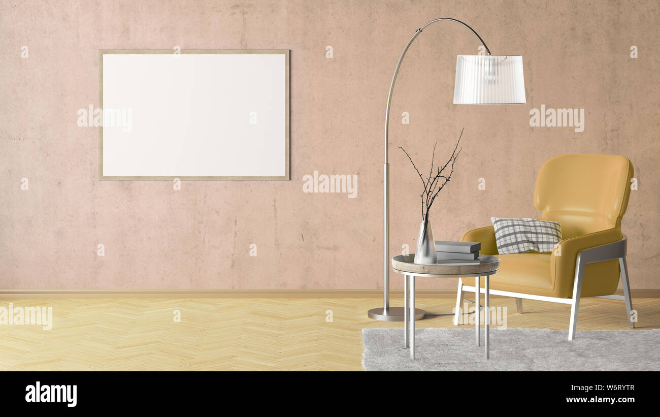 Leere horizontale Poster auf beige Betonwand im Inneren von Wohnzimmer mit beige Leder Sessel, Teppich, Stehleuchte und Couchtisch auf Hartholz Stockfoto