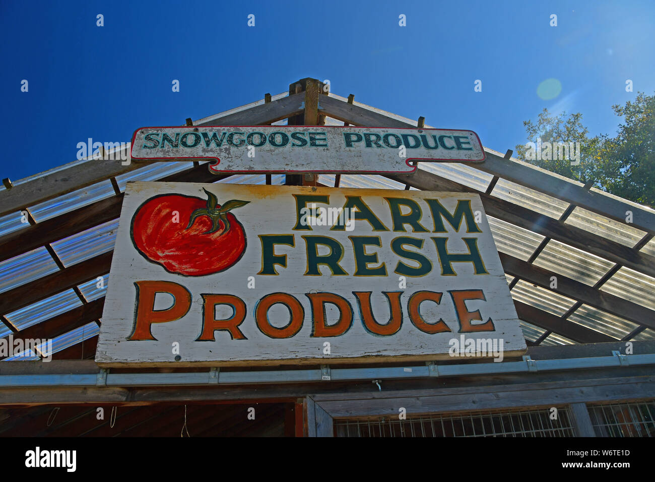 Anzeichen für verschiedene Farm stehen Produkte in La Conner, Washington Stockfoto