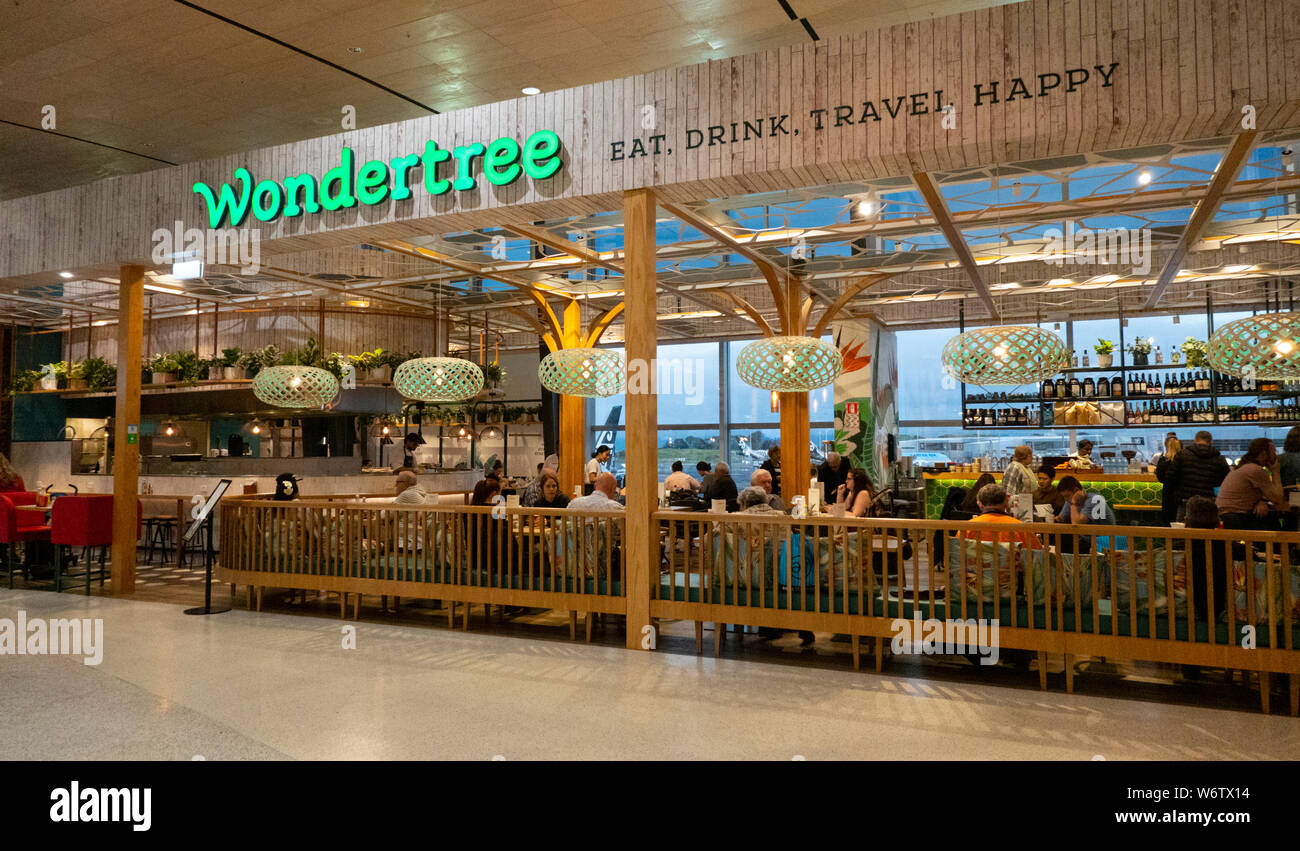 Reisende an Wondertree Café sitzen und Restaurant am Flughafen Brisbane, internationalen Terminal, Queensland, Queensland, Australien Stockfoto