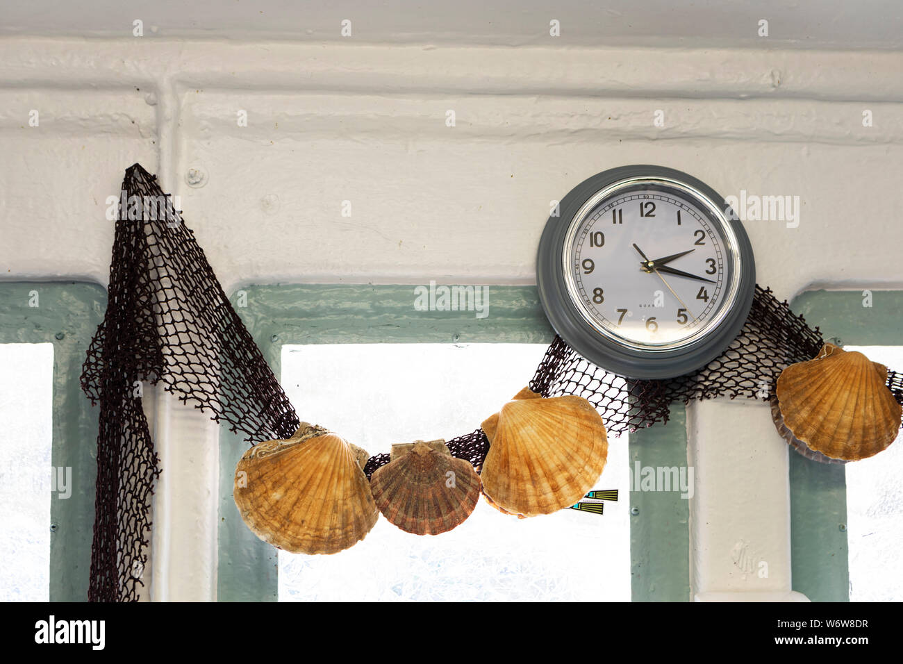 Große Jakobsmuscheln in einem fischernetz als Wanddekoration Stockfoto