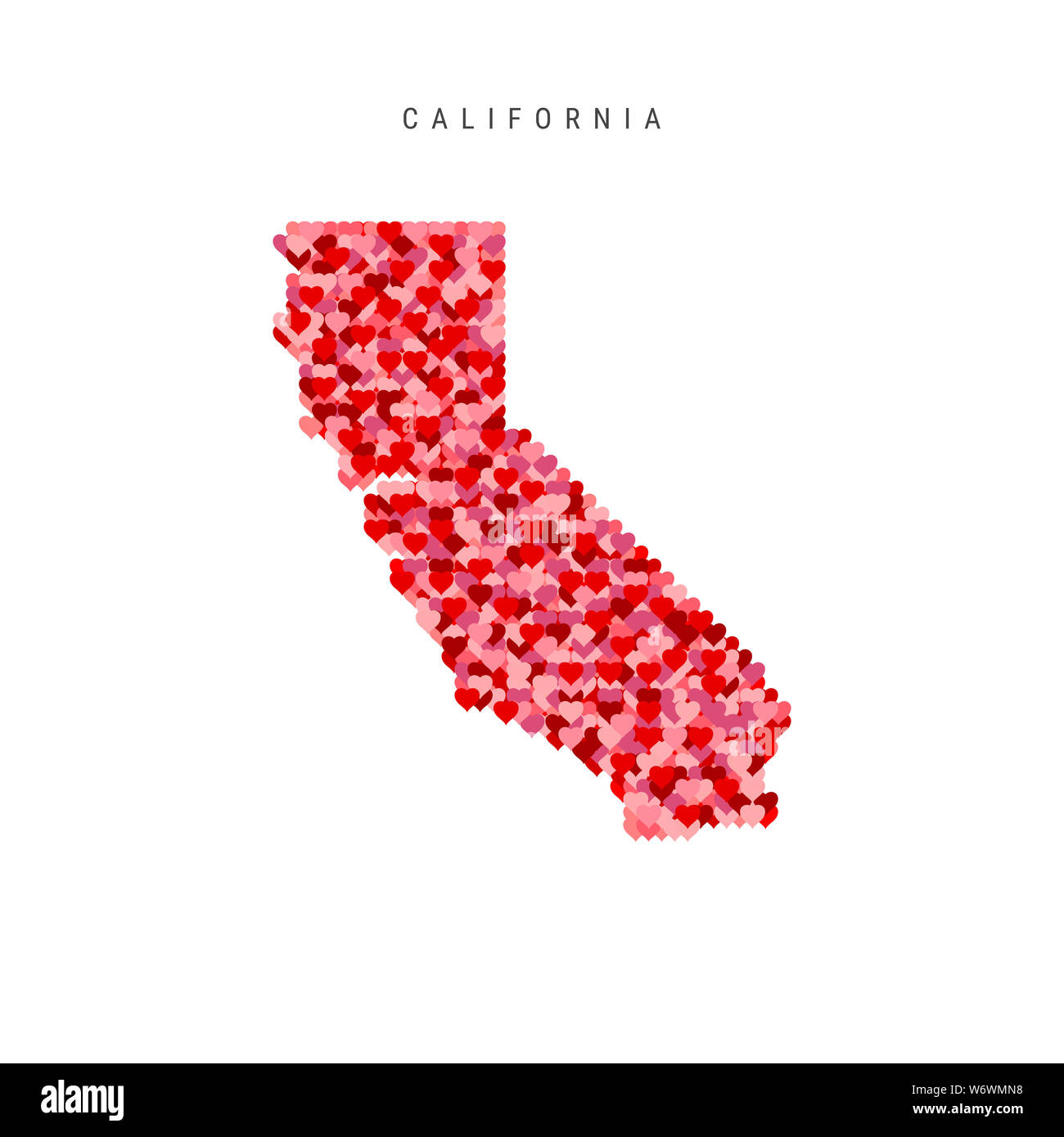 Ich liebe es, Kalifornien. Rot und rosa Herzen Muster Karte von Kalifornien isoliert auf weißem Hintergrund. Stockfoto