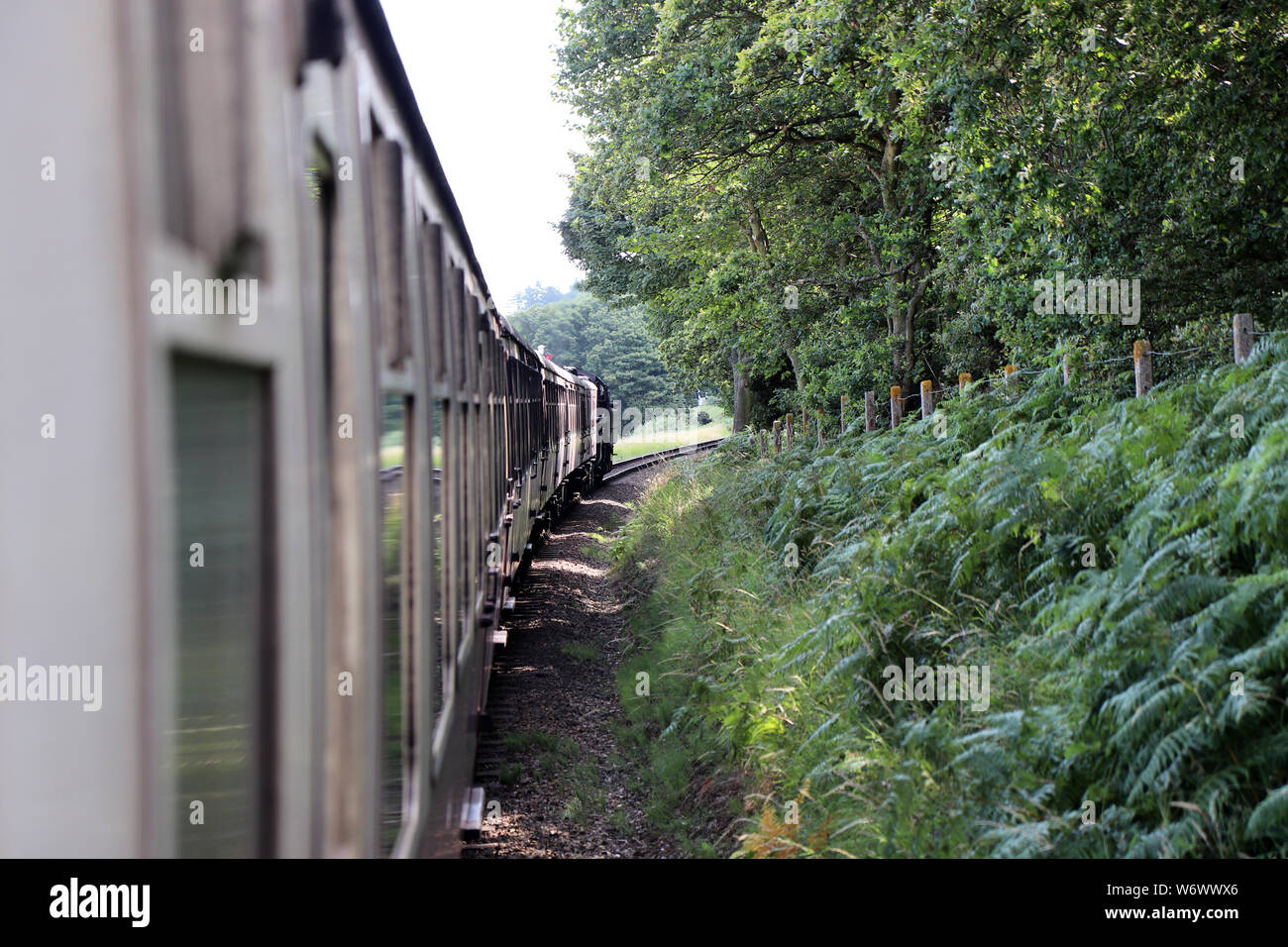 Ansicht der Dampfmaschine auf Poppy, North Norfolk Schiene, der aus dem Fenster übernommen, Zug carriges bewegt. Stockfoto