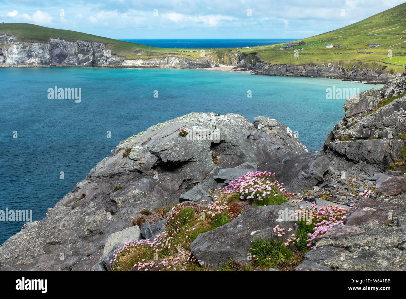 Malerische Aussicht auf die Küste an der Slea Head Drive Richtung Coumeenoole auf der Halbinsel Dingle in der Grafschaft Kerry, Republik von Irland Stockfoto