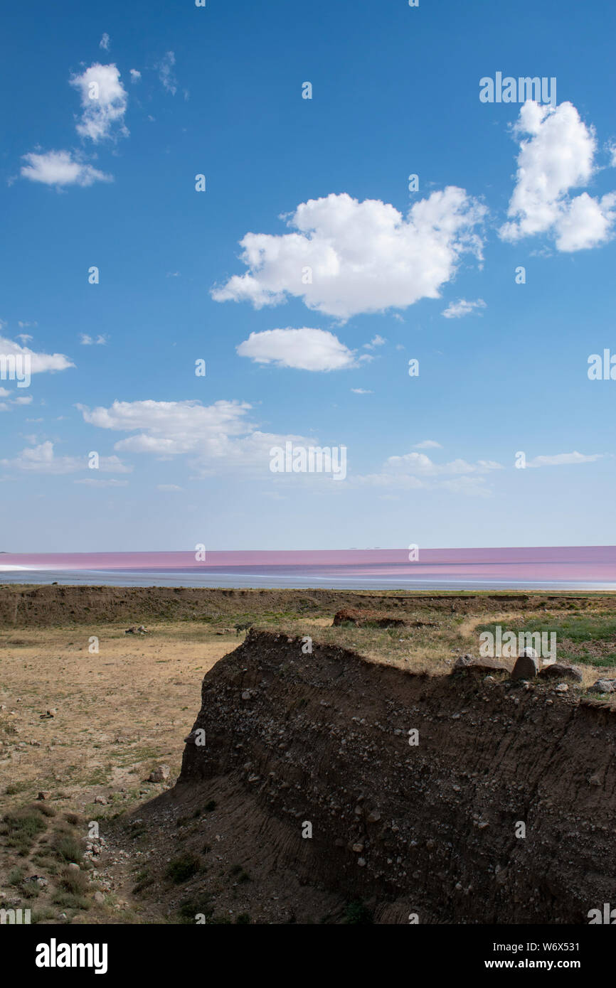 Die Türkei, Zentralanatolien: Luftaufnahme der See Tuz, Tuz Golu, Rosa und Rot Wasser des Salt Lake, einem der größten Seen der Welt hypersaline Stockfoto