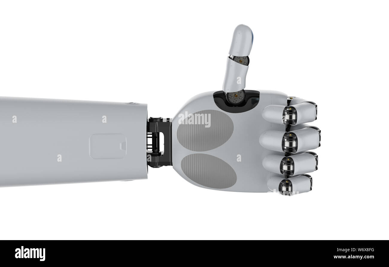 3D-Rendering cyborg Hand oder Roboterhand mit Daumen hoch auf Weiß isoliert Stockfoto