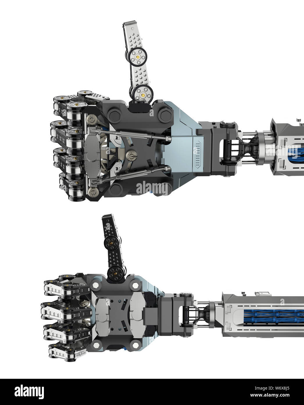 3D-Rendering cyborg Hand oder Roboterhand mit Daumen hoch auf Weiß isoliert Stockfoto