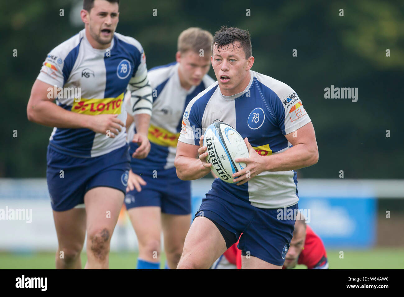 Heidelberg, Deutschland. 28. Juli 2019. Deutschen Meisterschaften in sieben Mann Rugby am 27. und 28. Juli 2019 in Heidelberg. Viertelfinale Hannover 78 gegen Germania List. Jarrod Saul (Hannover 78) bringt den Ball nach vorne. Credit: Jürgen Kessler/Kessler-Sportfotografie/dpa/Alamy leben Nachrichten Stockfoto