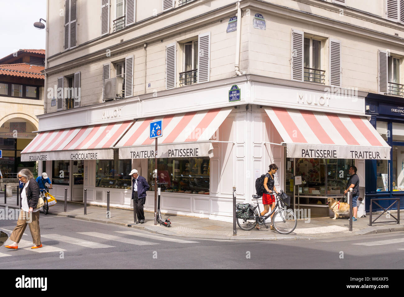 Paris Maison Mulot-Store vor der Bäckerei und Konditorei Moulot im Saint Germain des Pres Viertel von Paris, Frankreich, Europa. Stockfoto